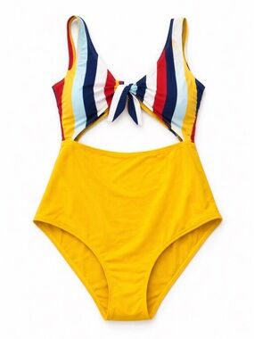 Colorblock One Piece Swimsuit Small Cutout Tie Front Yellow Striped Retro